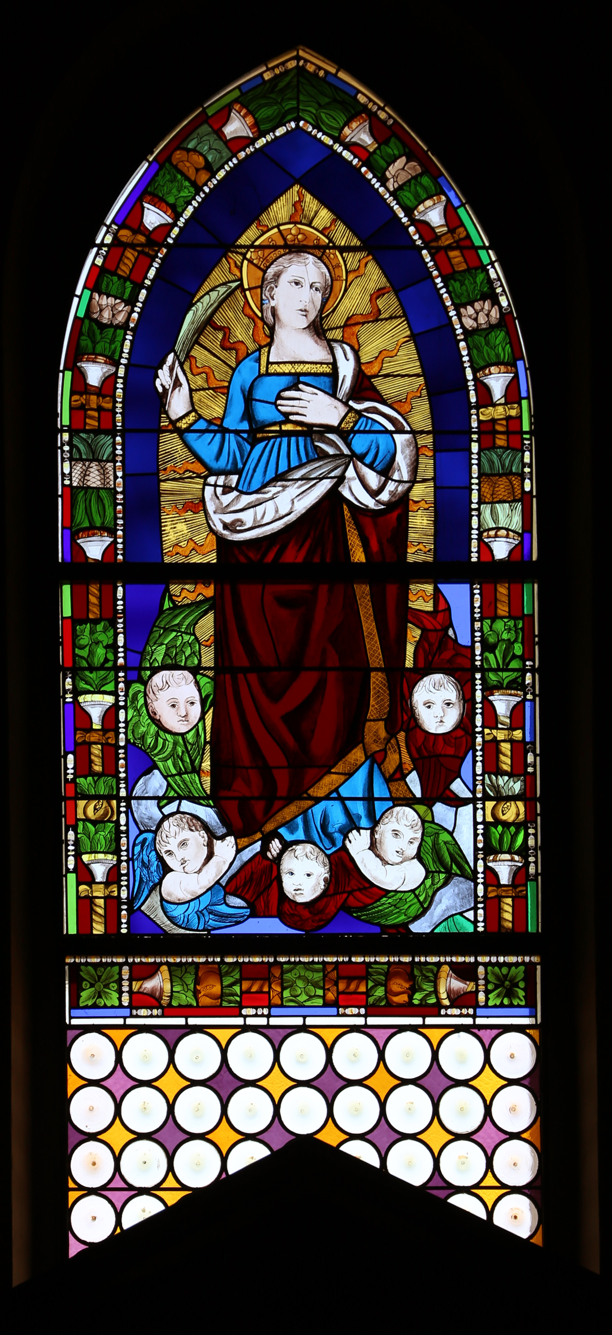 Colle Val d'Elsa, santa caterina, interno, vetrata da un modello di sebastiano mainardi, con restauri
