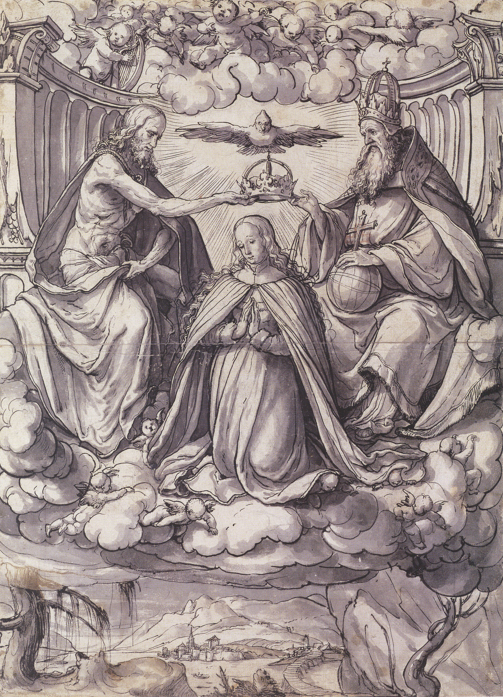 Design for a Stained Glass Window with the Coronation of the Virgin, by Hans Holbein the Younger