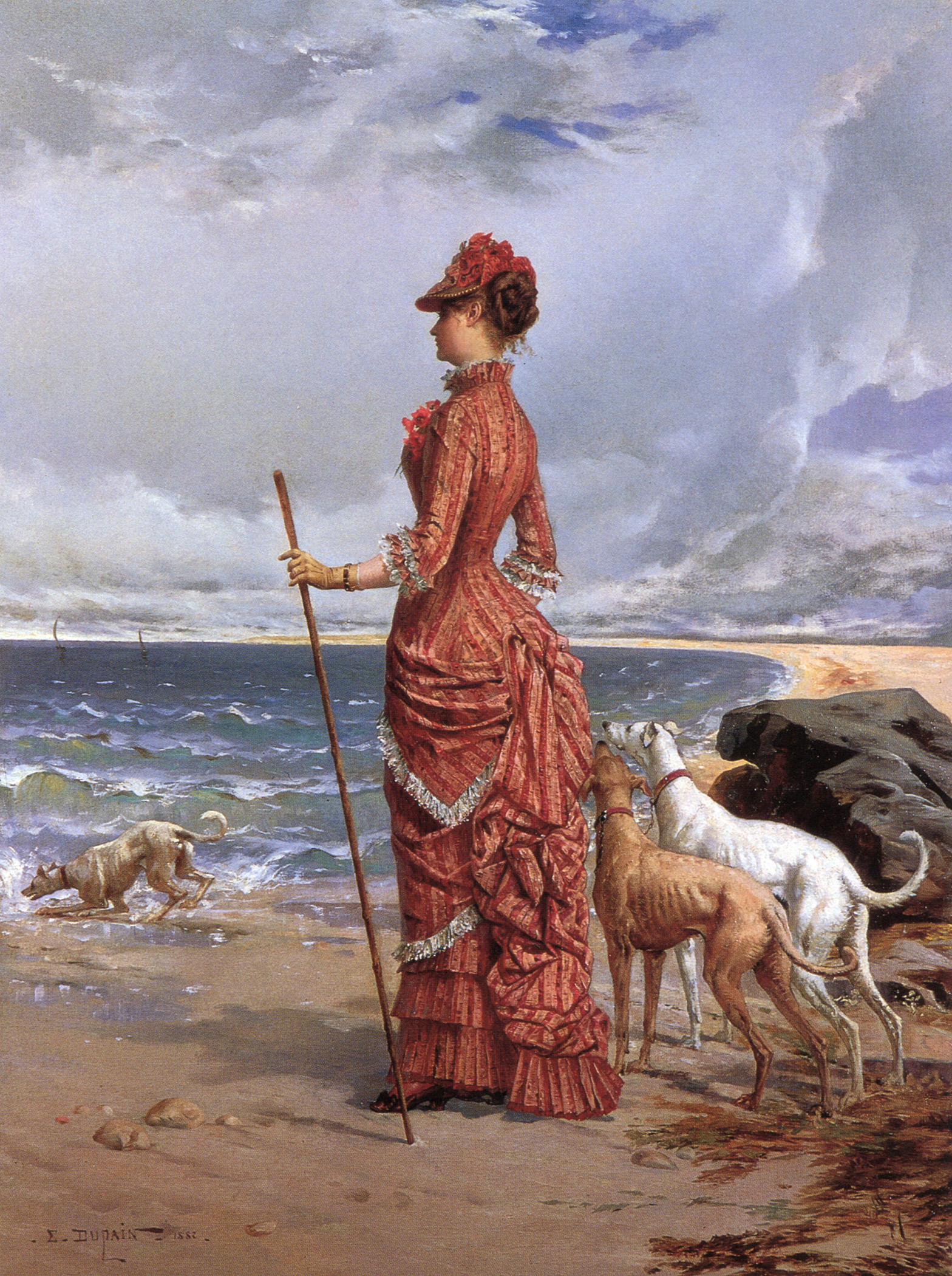 Edmond-Louis Dupain - Elegant Lady Walking Her Greyhounds on the Beach