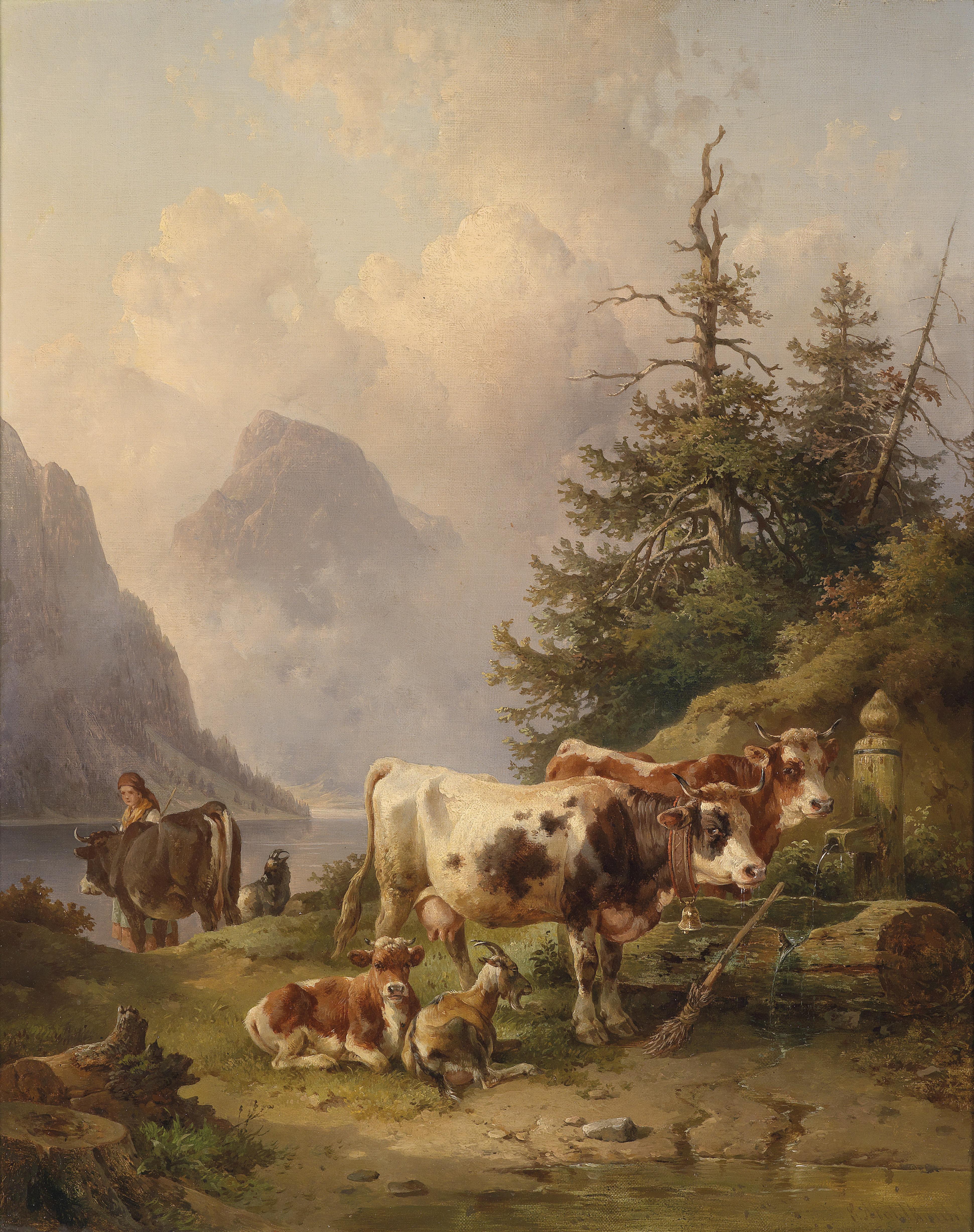 Edmund Mahlknecht Viehherde mit Hirtin am Seeufer