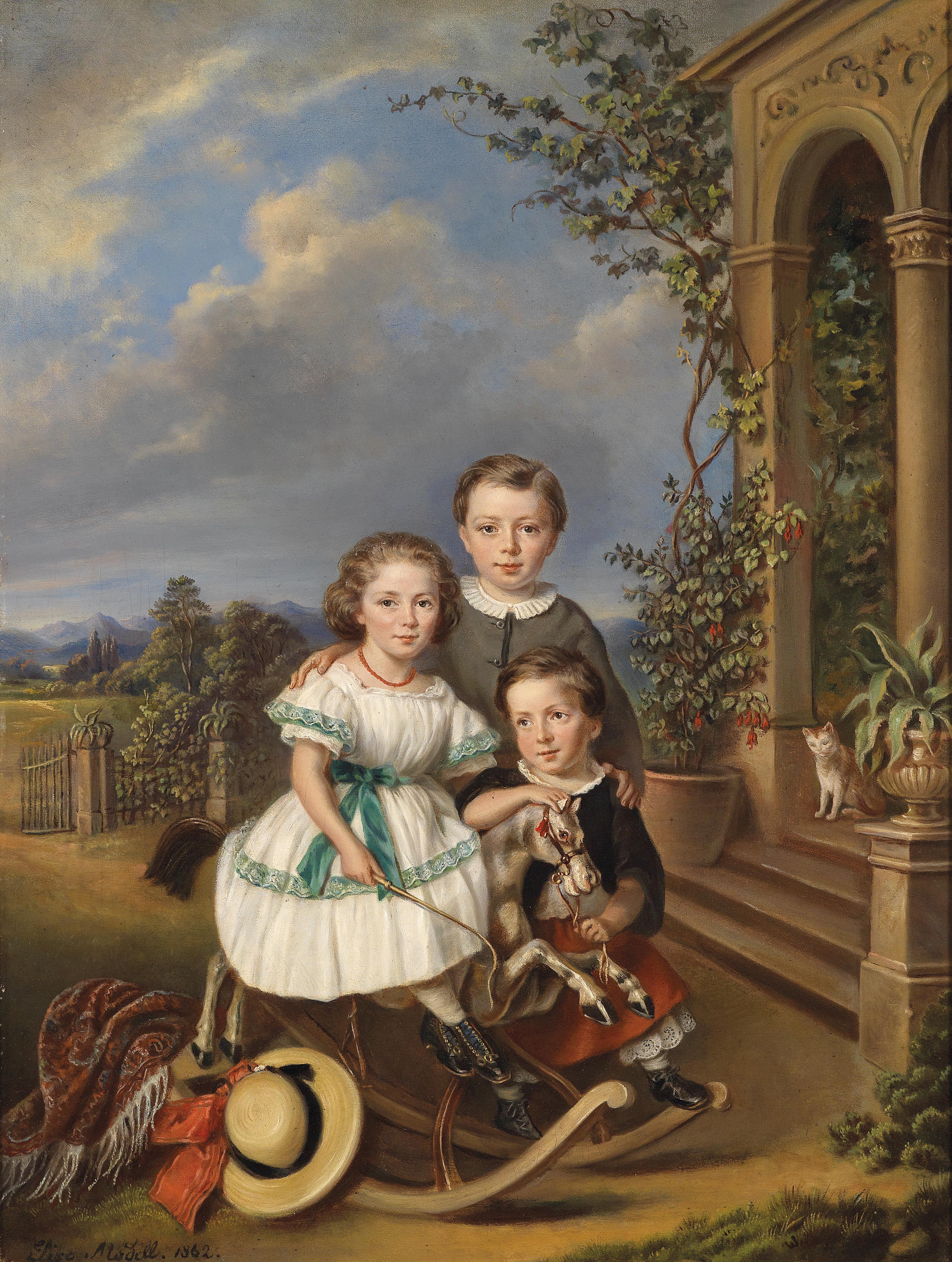 Elisabeth Modell Porträts dreier Kinder vor einem Gartenpavillon