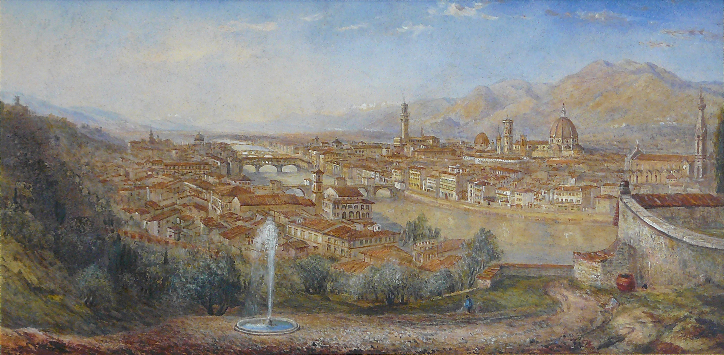 English school, 1st half of 19th Century - Watercolor - Florence vue de la piazza Michelangelo - 45x20cm