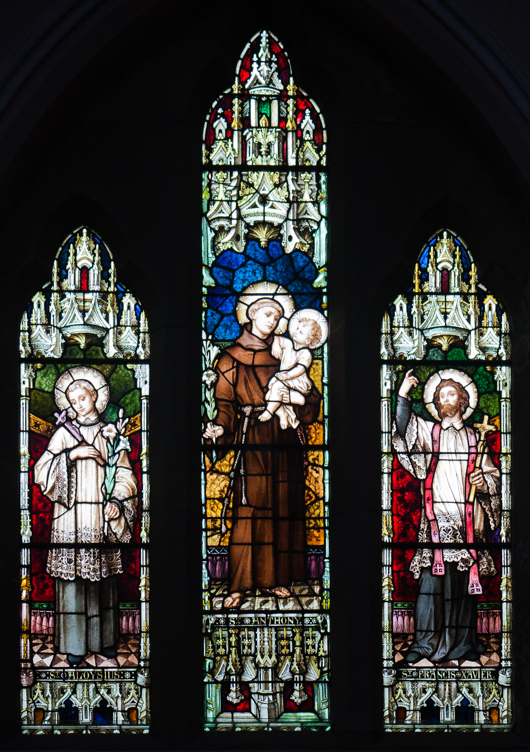Enniskillen St. Michael's Church West Aisle Window 03 Saints Aloysius, Anthony, and Francis Xavier 2012 09 17
