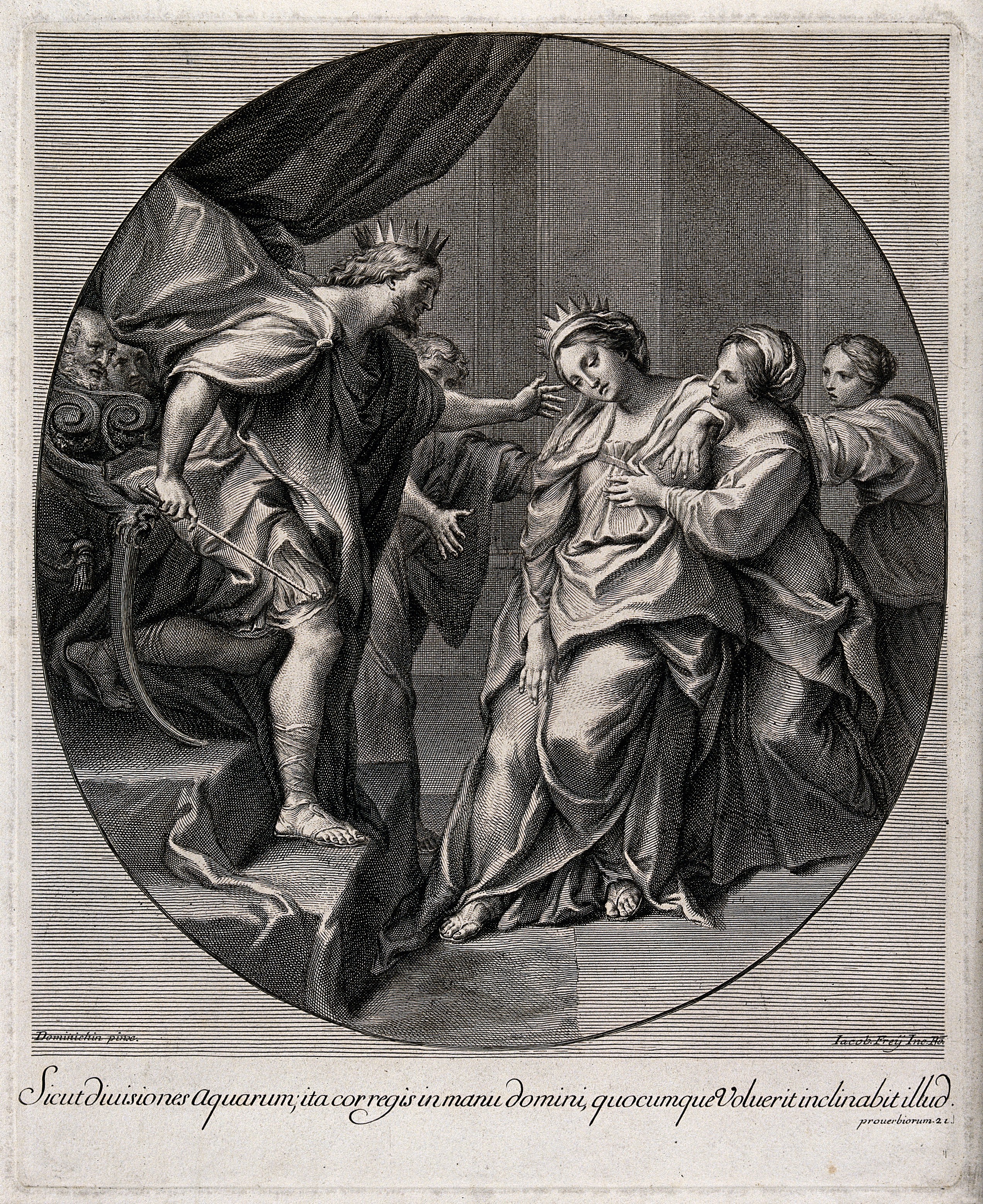 Esther faints before the fierceness of Ahasuerus. Engraving Wellcome V0034337