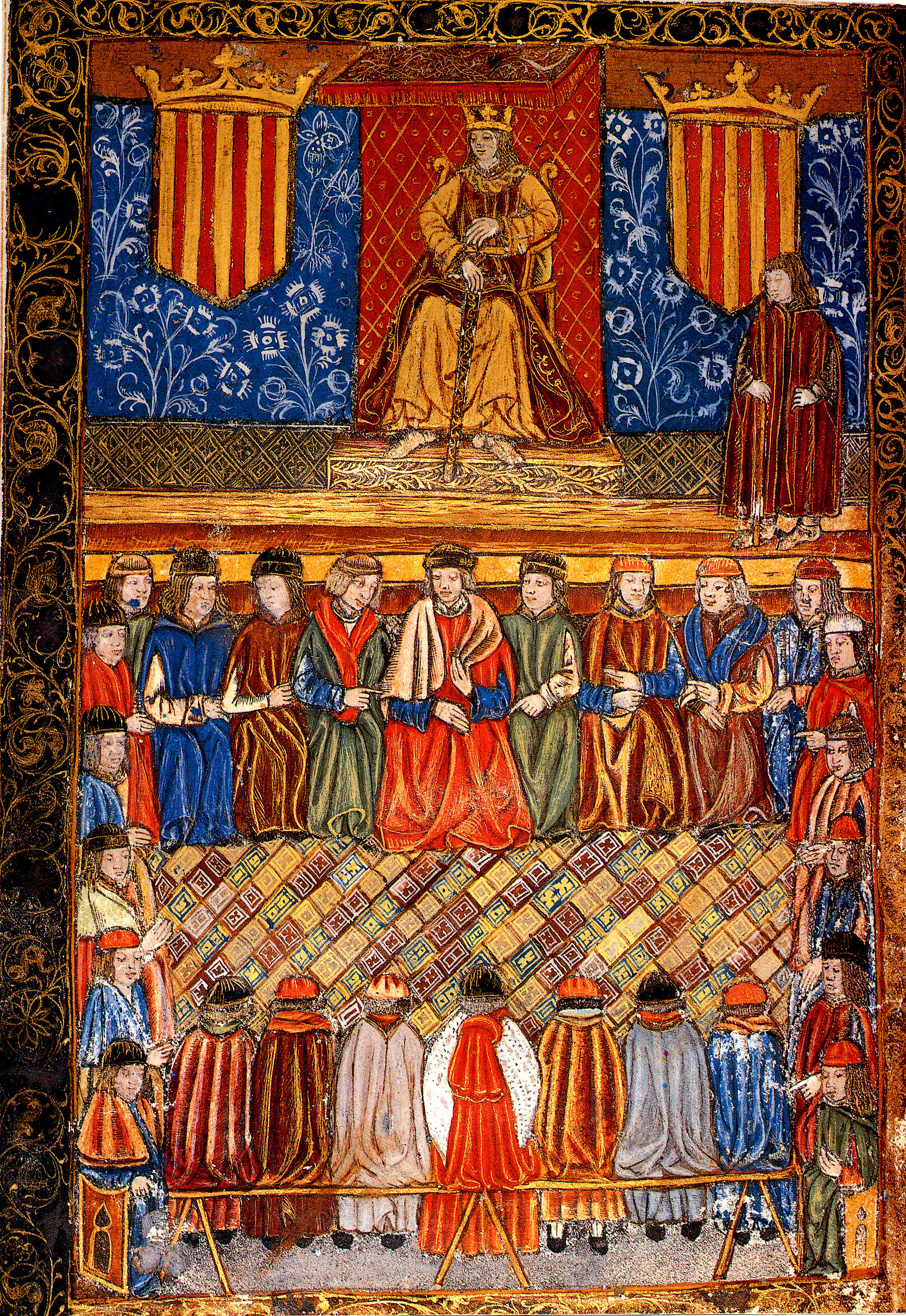Fernando II entre dos escudos del Señal Real de Aragón