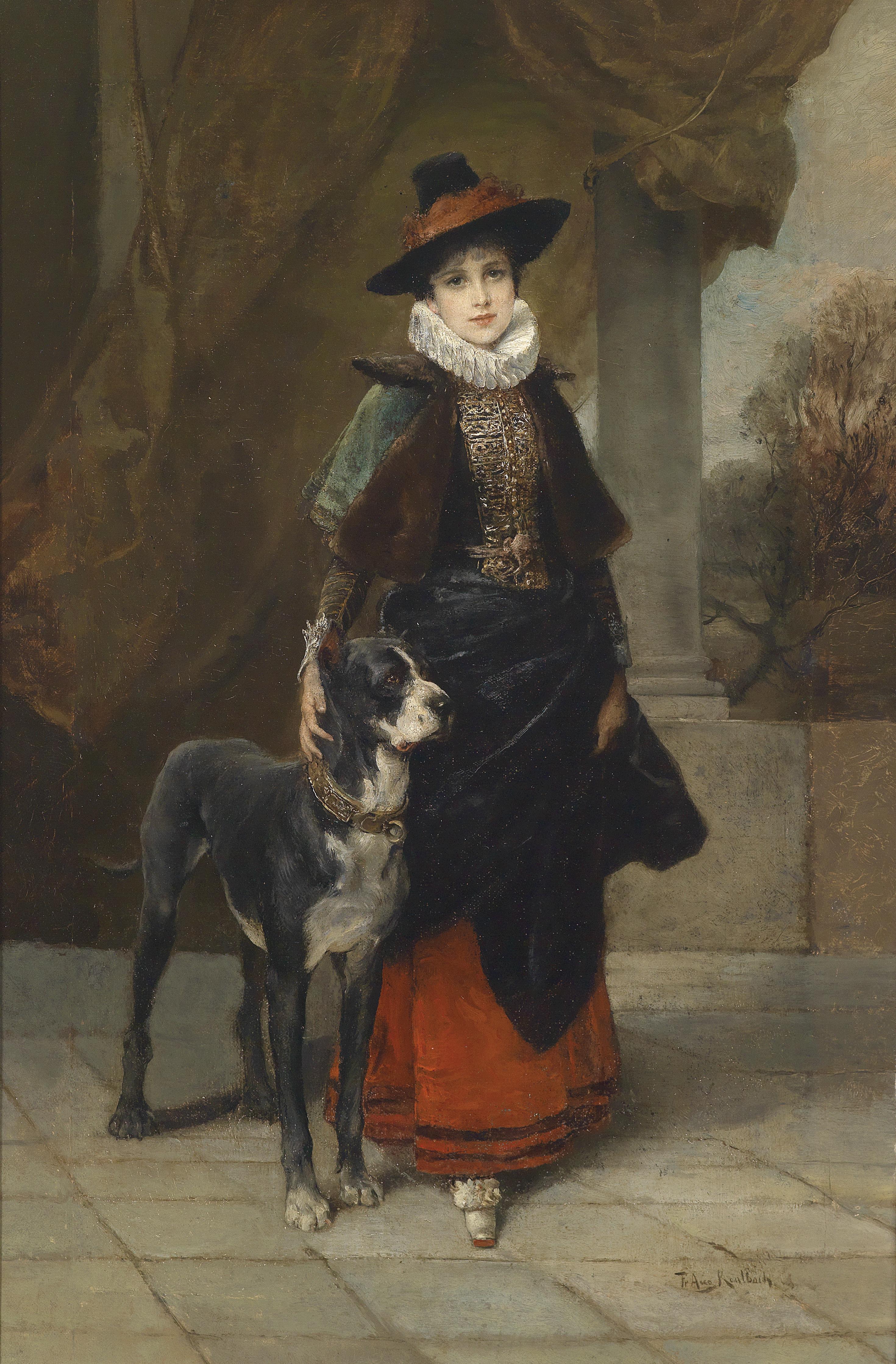Friedrich August Kaulbach Bildnis einer Dame im historisierenden Kostüm mit Dogge
