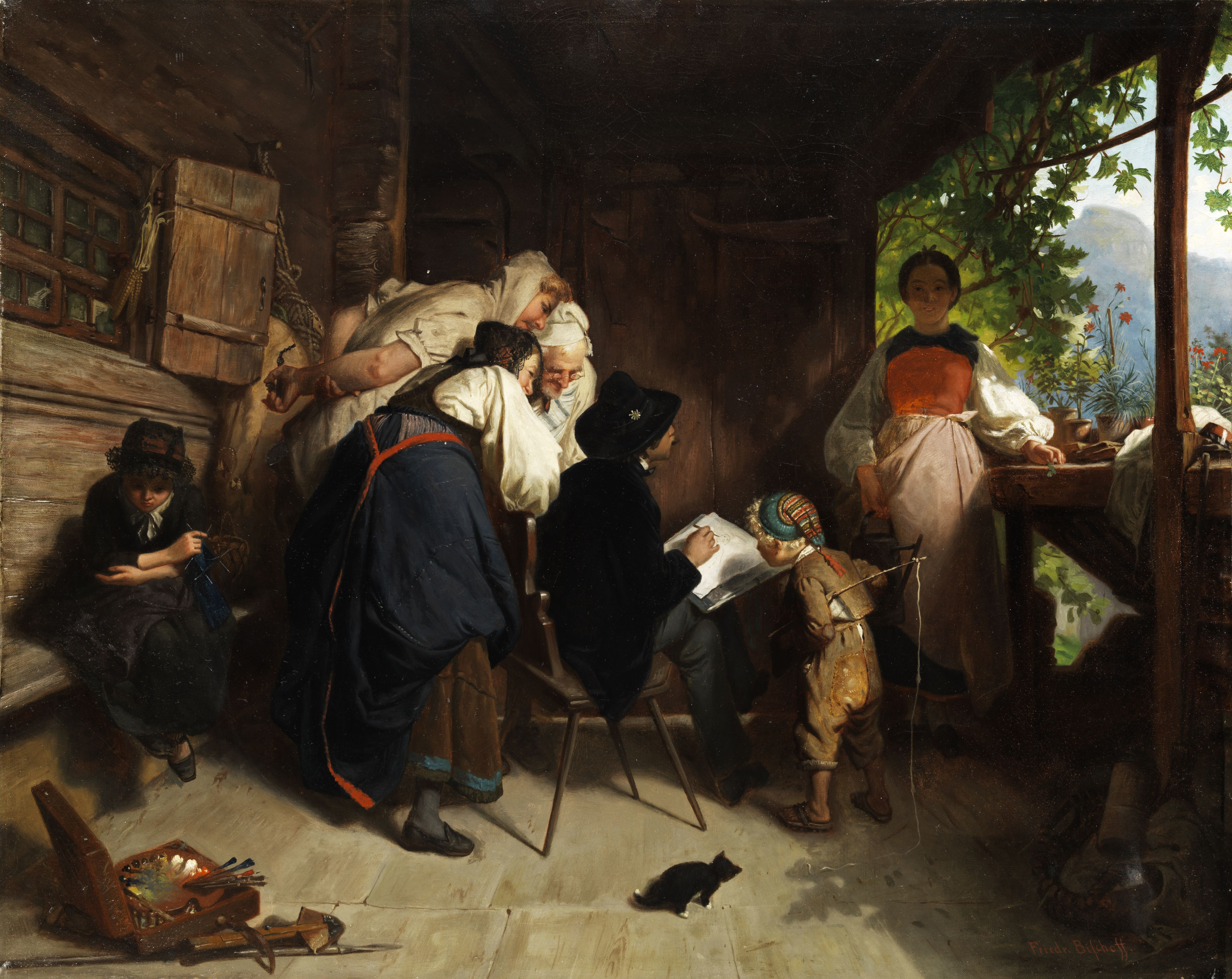 Friedrich Bischoff Maler beim Portraitieren eines Bauernmädchens