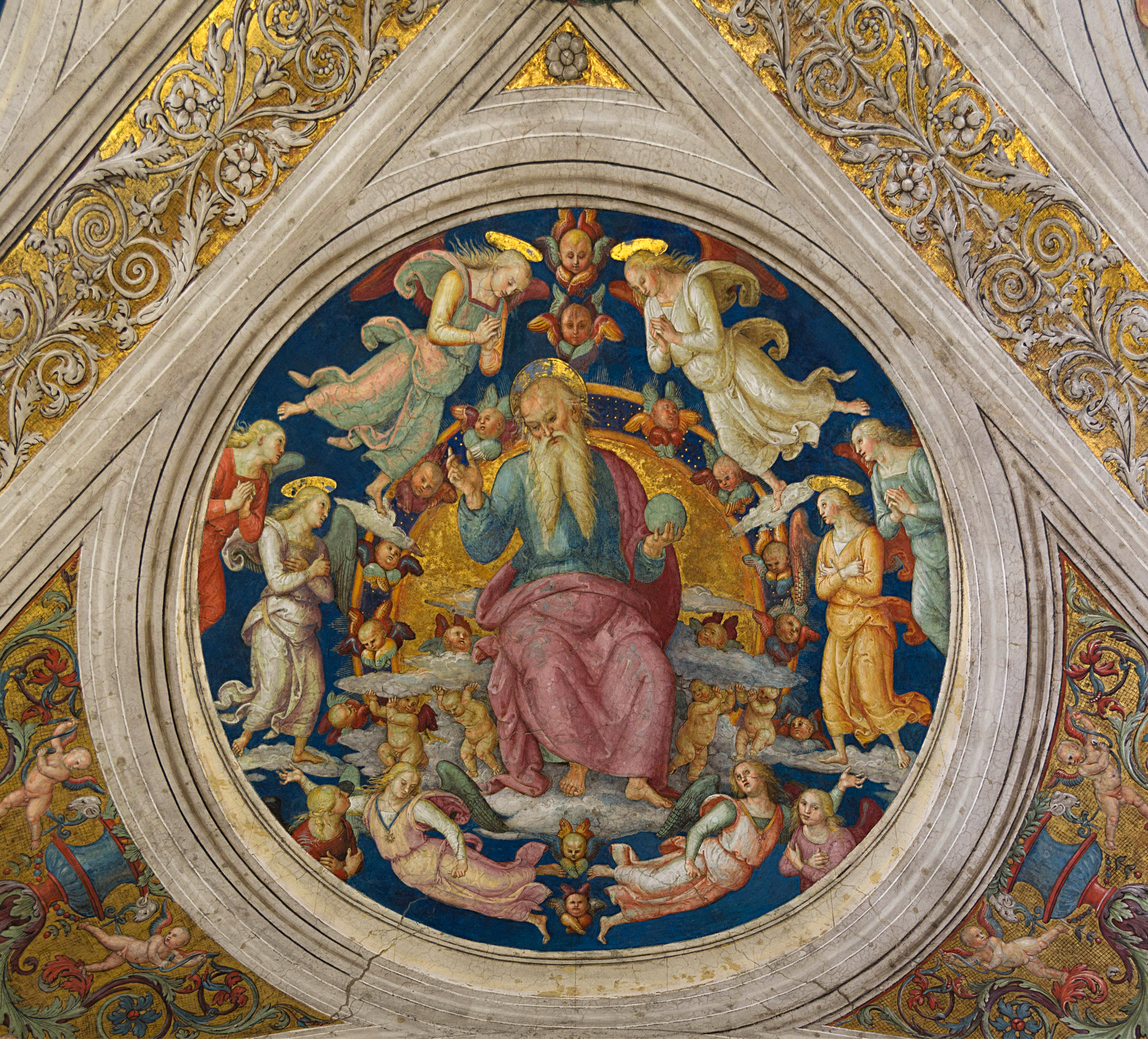 God the Father and angels, Pietro Perugino, Stanza dell'Incendio di Borgo, medalion, part of the ceiling, Vatican City 1