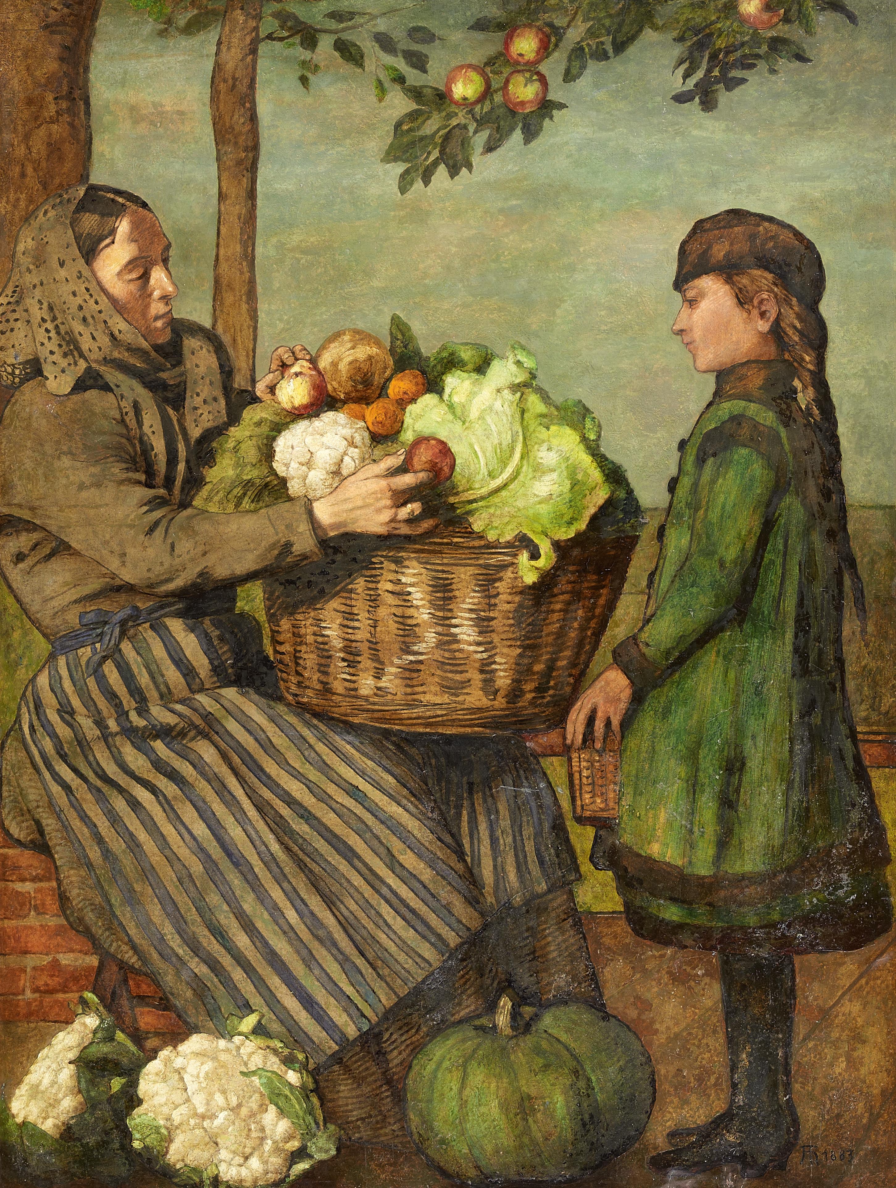 Hans Thoma Großmutter und Enkelin mit einem Gemüsekorb