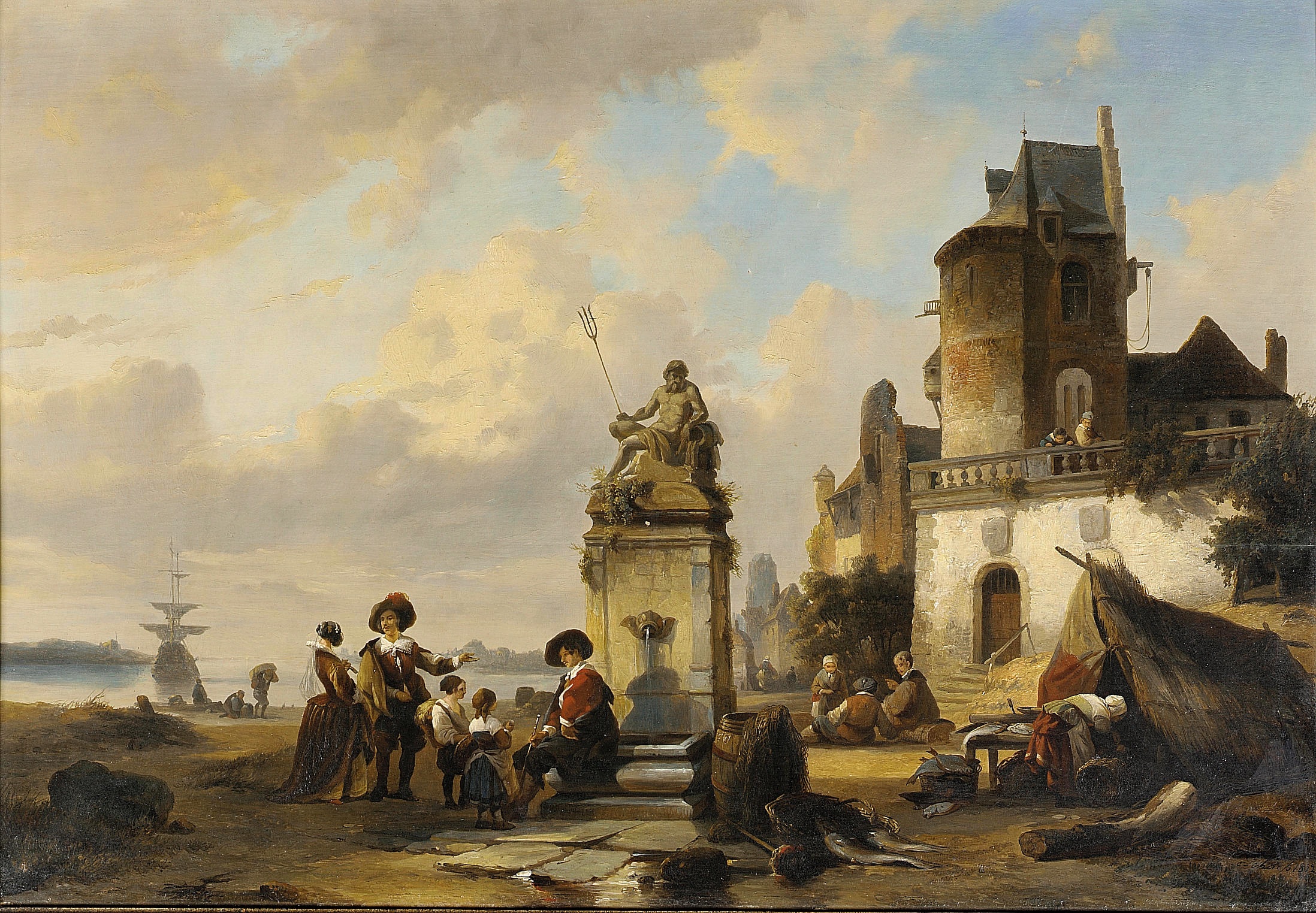 Henri Adolphe Schaep - Elegante figuren zitten door een fontein, een haven buiten