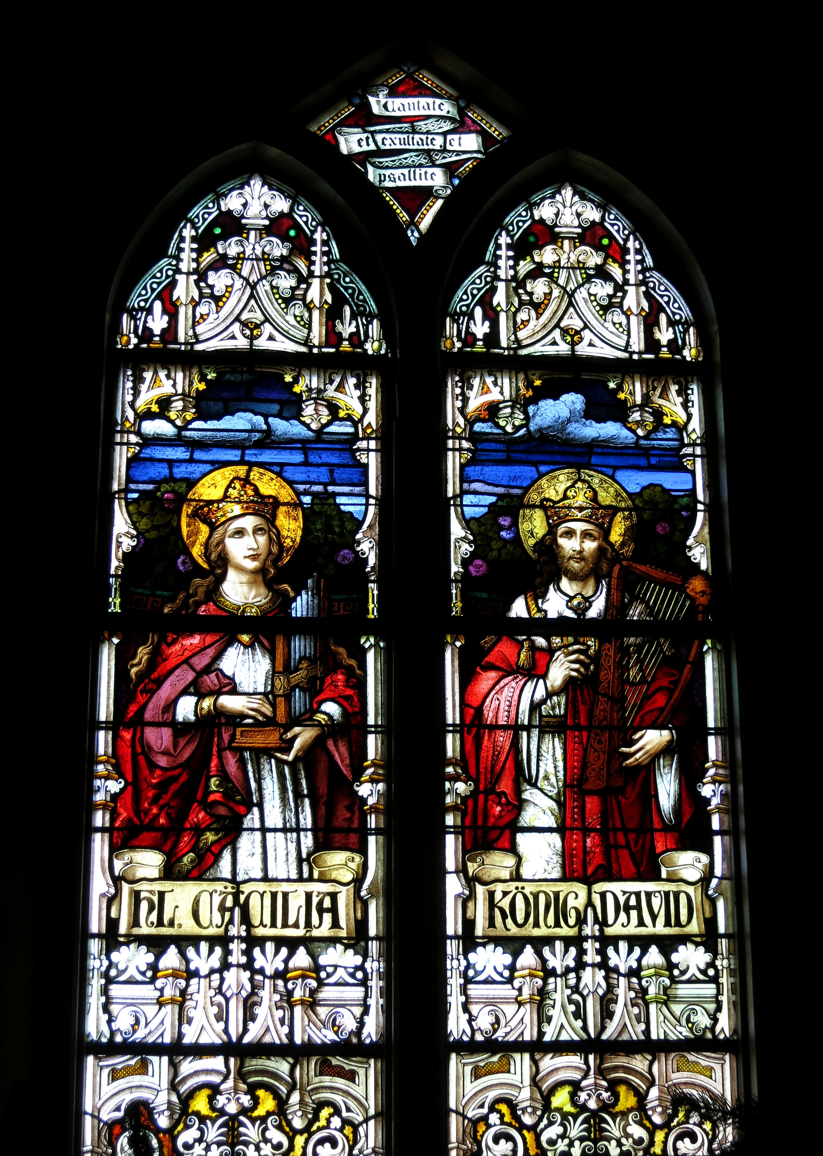 Holy Family Catholic Church (Oldenburg, Indiana) - stained glass, loft, Saint Cecilia and King David