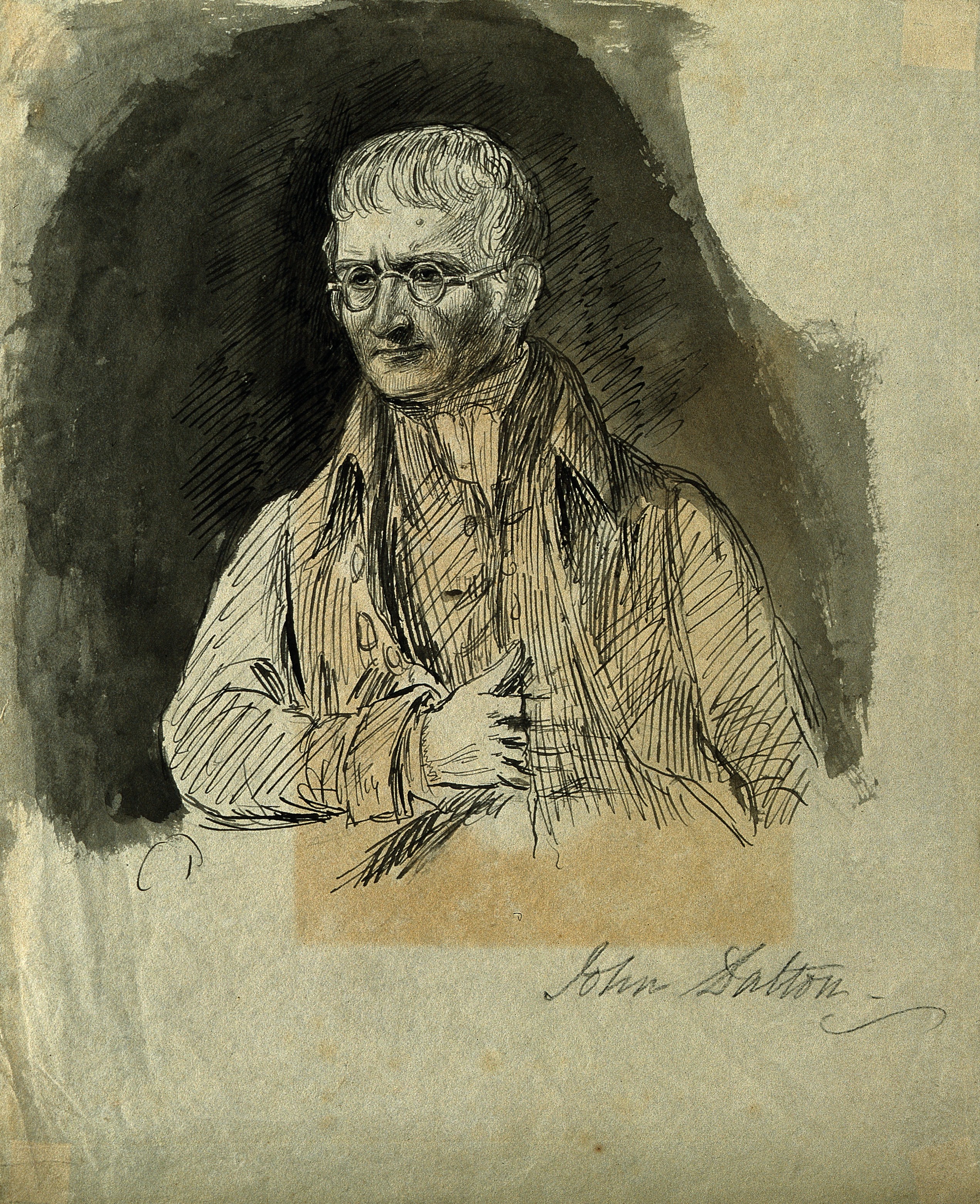 John Dalton. Pen drawing with watercolour wash. Wellcome V0001447
