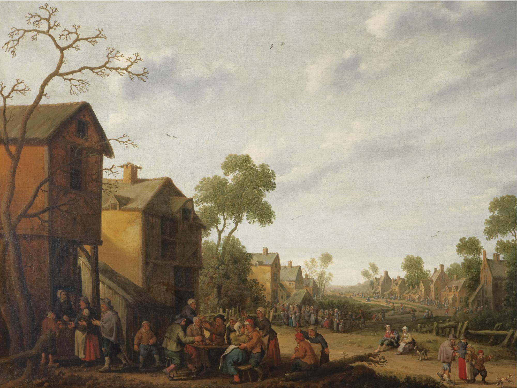 Joost Cornelisz. Droochsloot - Een dorp scène met boeren eten en drinken...etc