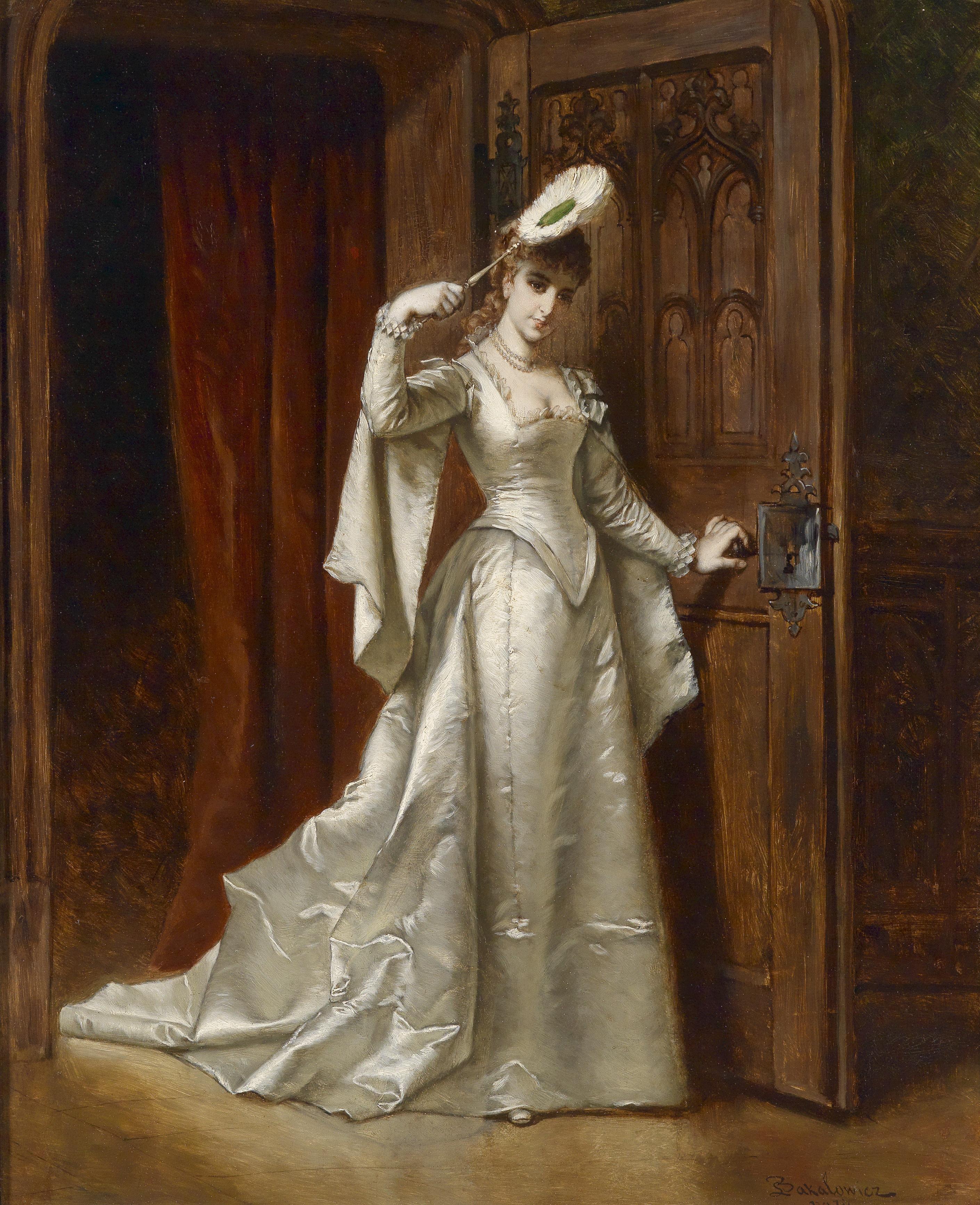 Ladislaus Bakalowicz Elegante Dame in weißem Damastkleid