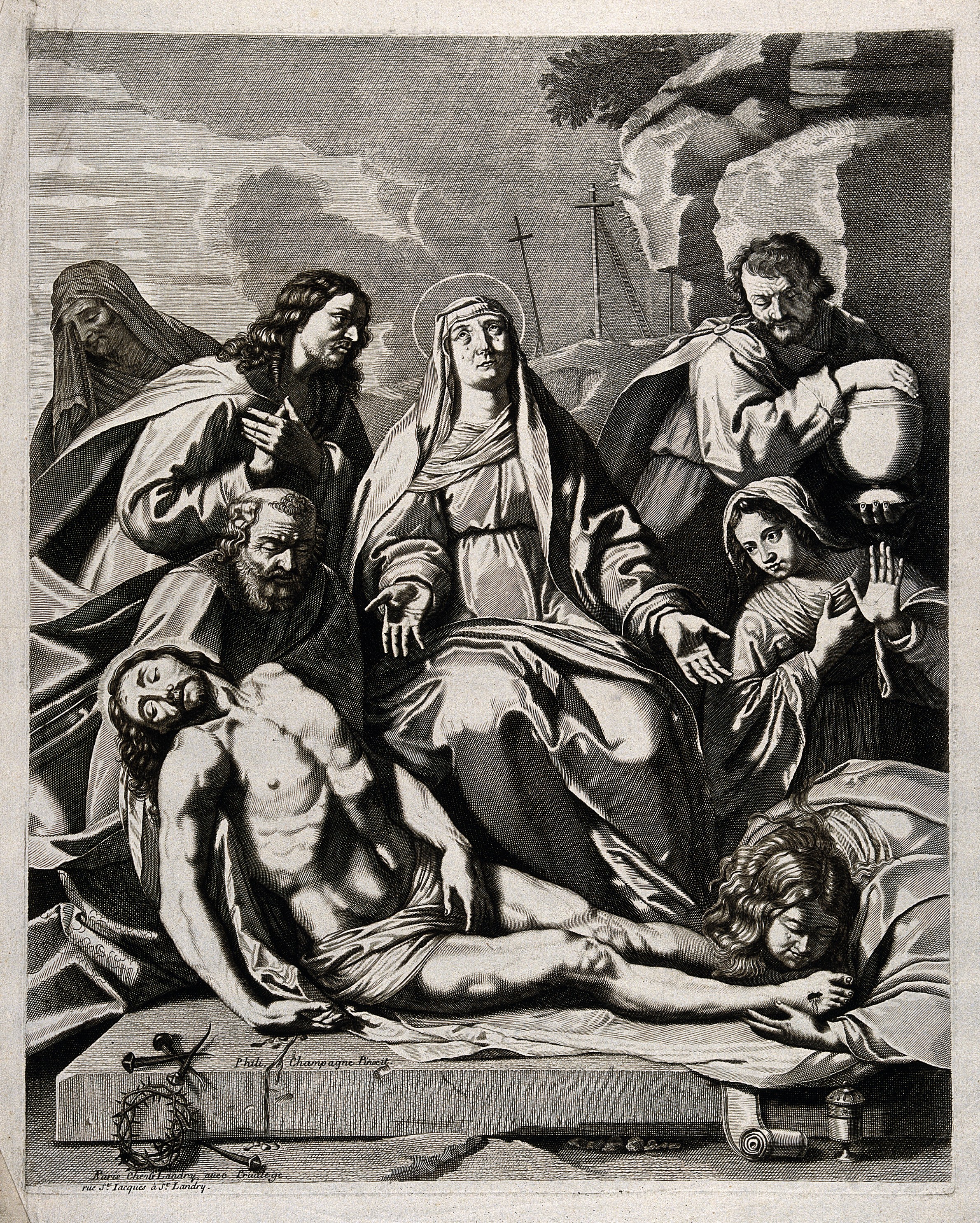 Lamentation over the dead Christ. Engraving after P. Champag Wellcome V0034791