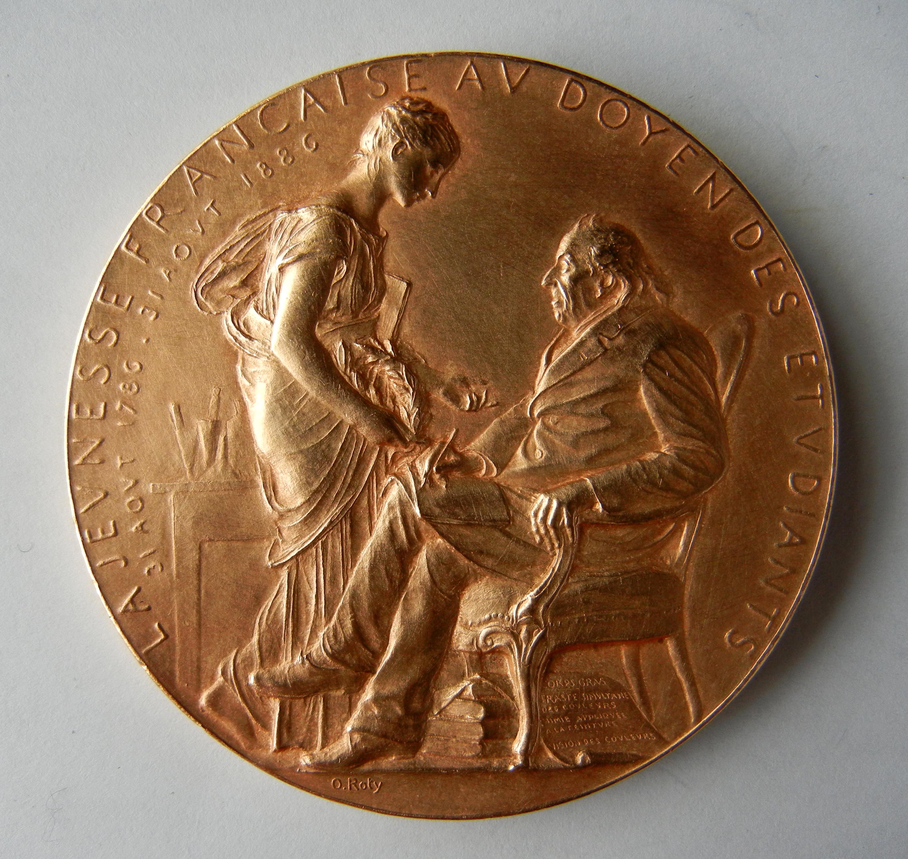 Médaille Centenaire de la naissance de Michel Eugène CHEVREUL (1780-1889) chimiste français. Graveur Oscar ROTY (1846-1911) (2)