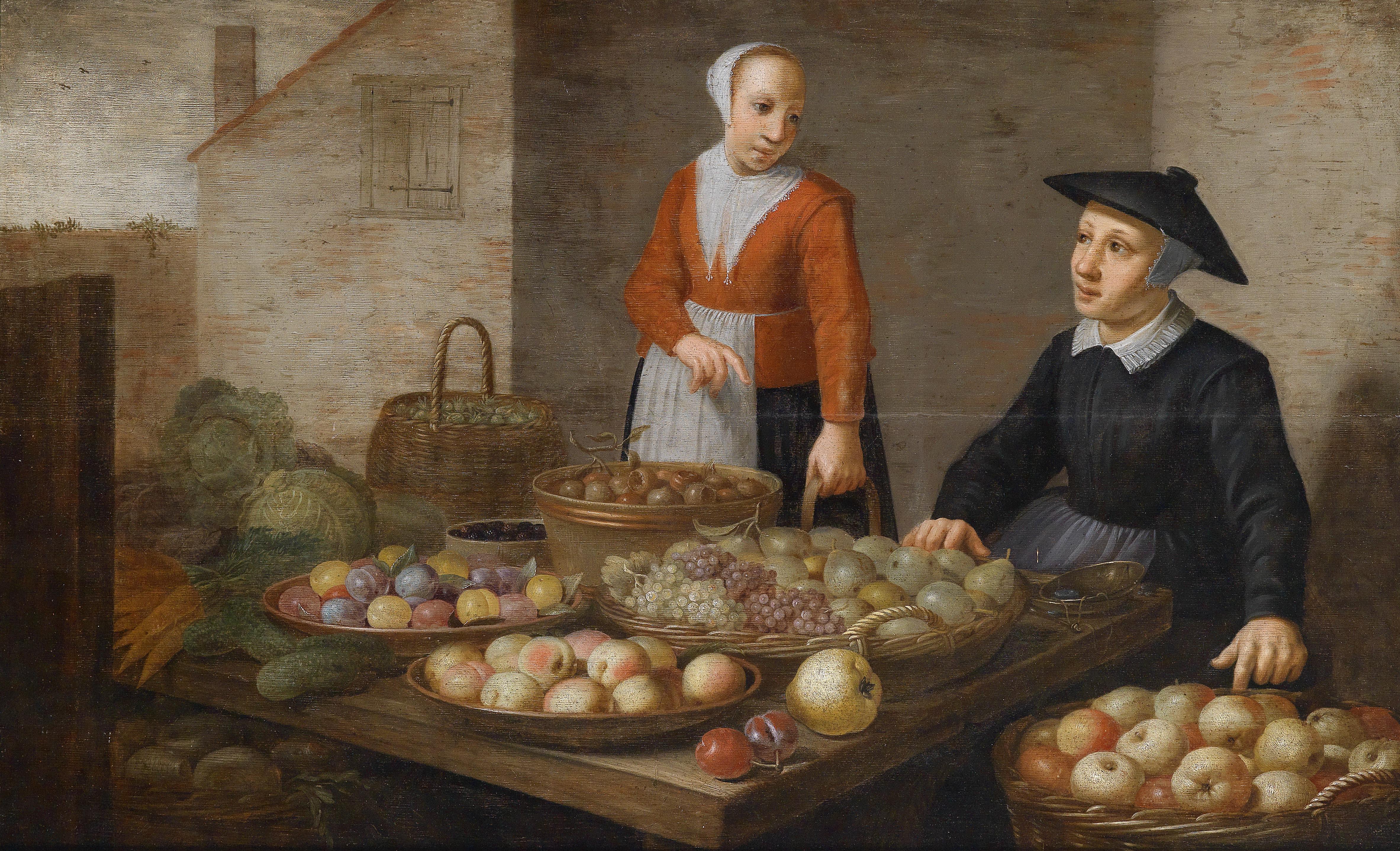 Market scene with two fruit sellers