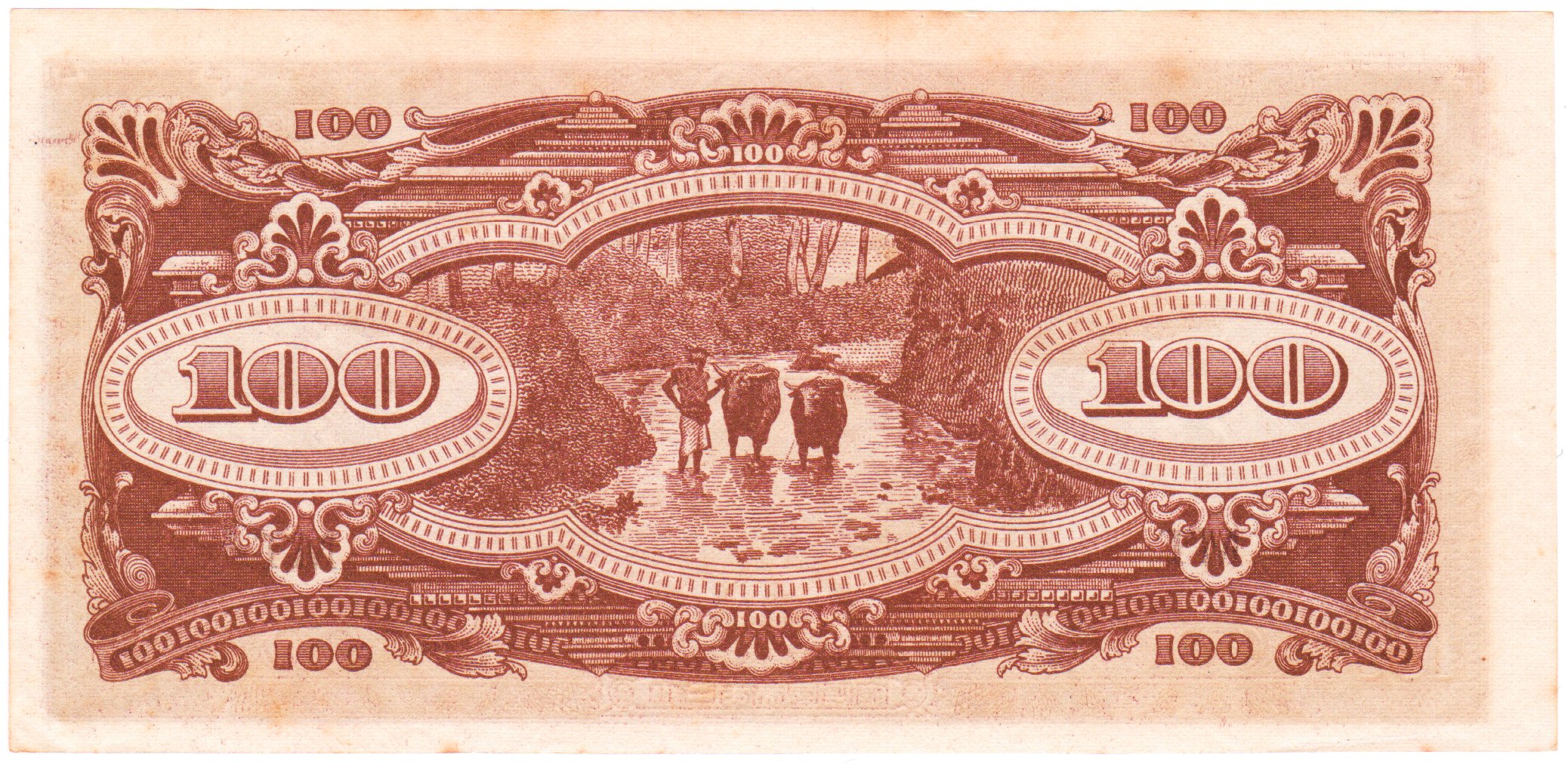 One hundred dollar note issued by the Japanese Government during the occupation of Malaya, North Borneo, Sarawak and Brunei (1944, reverse)