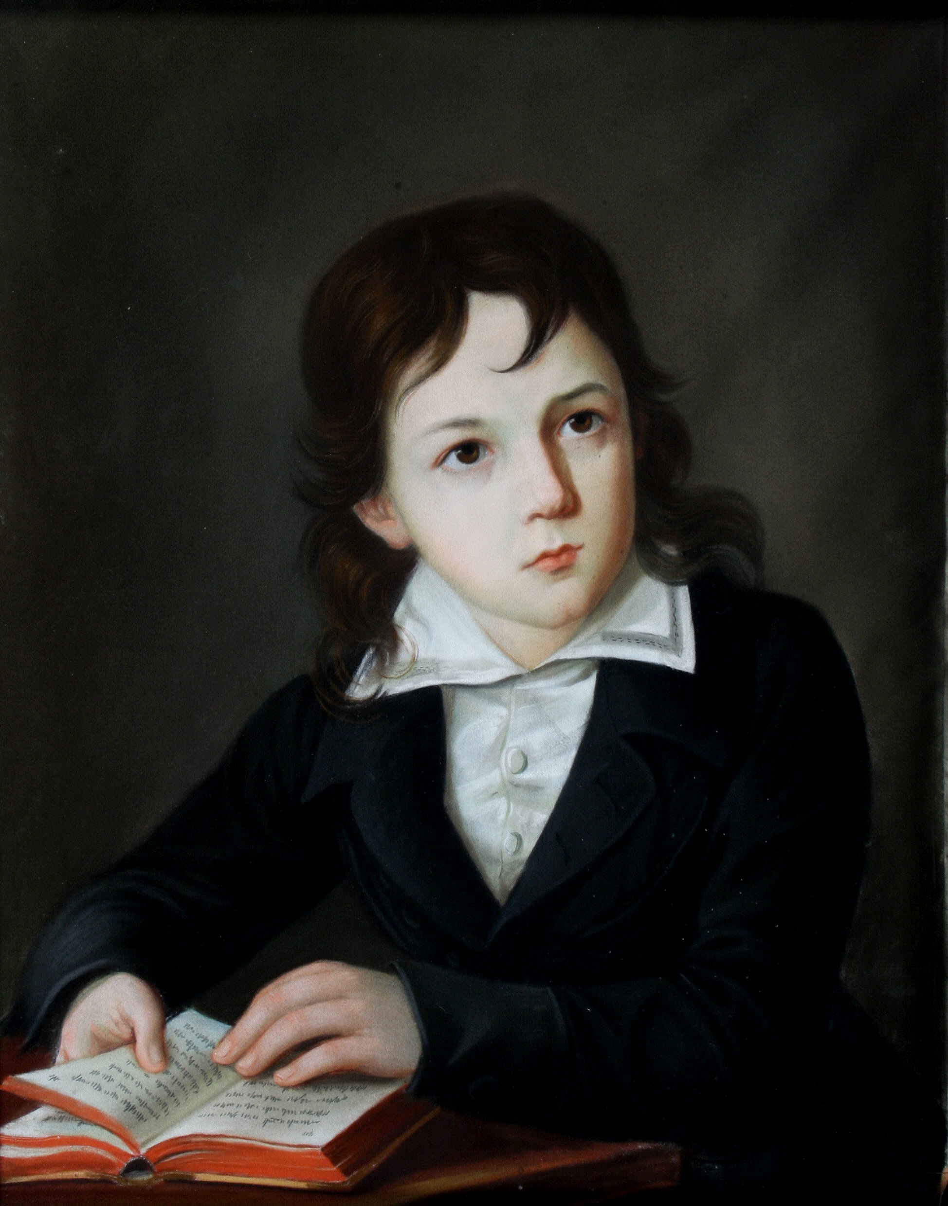 Portrait of a boy at his desk holding a book 19c