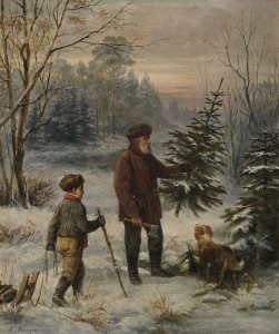 Vorweihnacht. Vater und Sohn schlagen im Winterwald einen Christbaum. Г–l auf Leinwand, unten links signiert. 41 x 35 cm