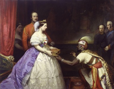 The Secret of England's Greatness' (Queen Victoria presenting a Bible in the Audience Chamber at Windsor), by Thomas Jones Barker (died 1882). See source website for additional information.