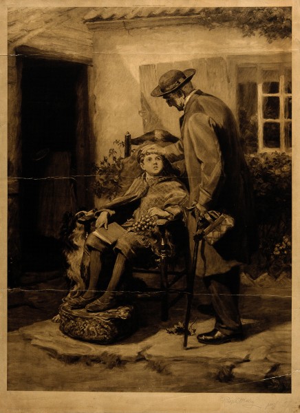 A doctor placing his hand on the head of a sick boy, outside Wellcome V0017093
