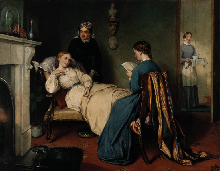 A girl reads to a convalescent while a nurse brings in the p Wellcome V0017068