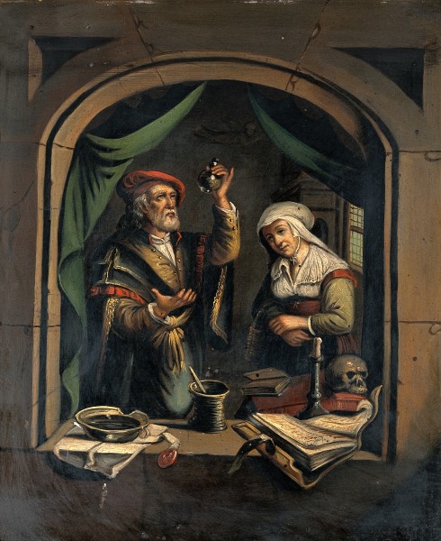 A physician examining a urine flask. Oil painting after G. D Wellcome V0017255