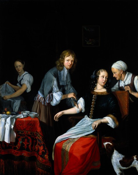 A surgeon binding up a woman's arm after bloodletting. Oil p Wellcome L0016891