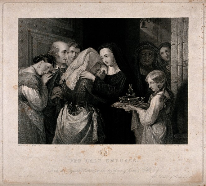 A woman entering a nunnery as a novice and saying goodbye to Wellcome V0048168
