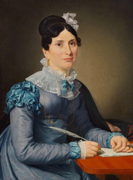 Christoffer Wilhelm Eckersberg - Portræt af Sarah Wolff f. Cruttendon siddende i blå kjole, skrivende et brev