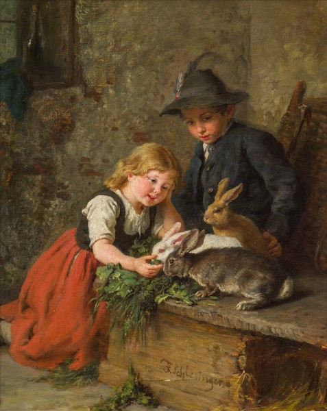 Felix Schlesinger - Zwei Kinder füttern Kaninchen