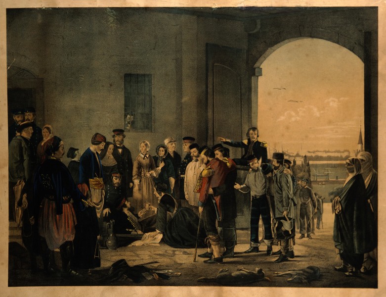 Florence Nightingale receiving wounded soldiers at Scutari H Wellcome V0006854