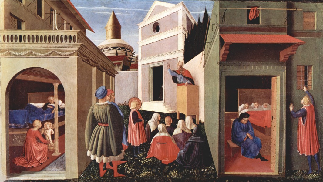 Geburt, Erziehung durch den Bischof, N. wirft goldene Kugeln in Zimmer dreier Jungfrauen / Fra Angelico