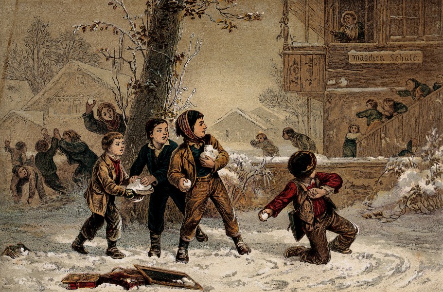 Groups of children are playing in the snow and throwing snow Wellcome V0039334