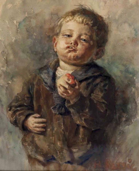 Heinrich Rettig Bub mit Apfel