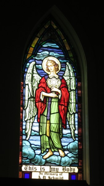 Holy Family Catholic Church (North Baltimore, Ohio) - stained glass, angel holding monstrance