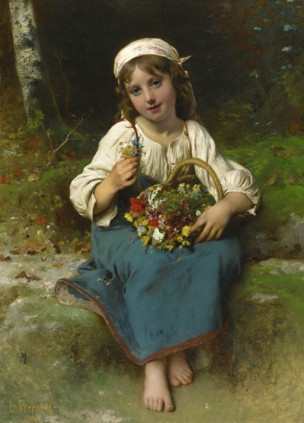 Léon Perrault - Young Girl With A Basket Of Flowers