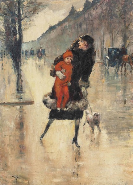 Lesser Ury - Mutter mit Kind auf einer Strassenkreuzung (1910s)