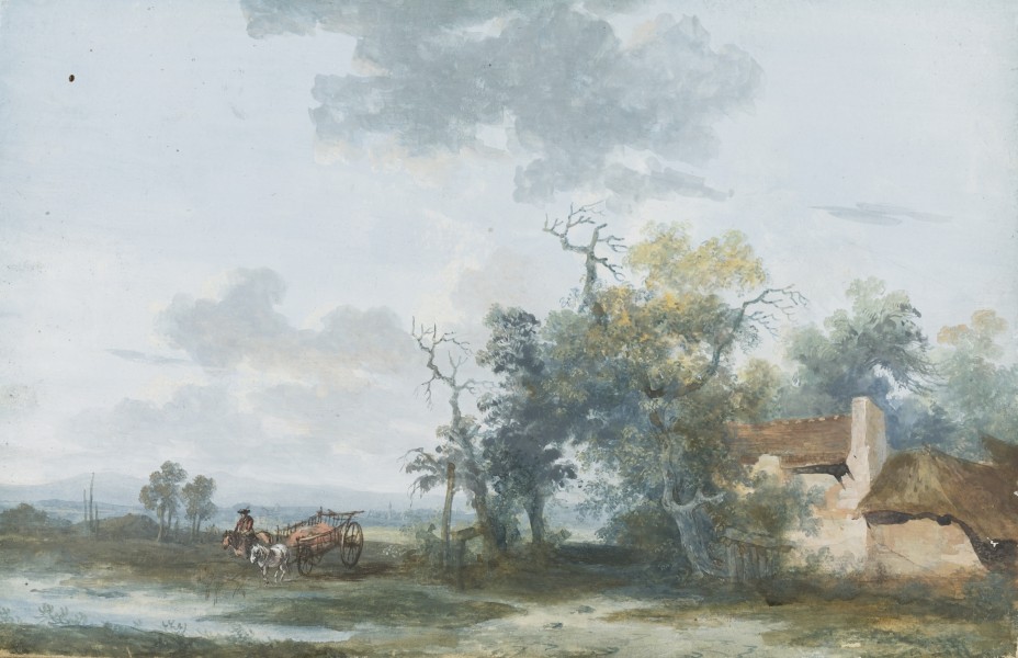 Louis-Gabriel Moreau - Paysage avec une chaumière et un homme sur un cheval et une charrette