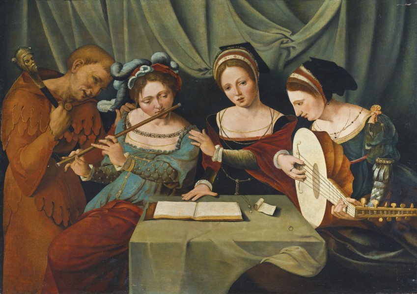 Master of the Female Half-lengths, Three Young Women Making Music with a Jester