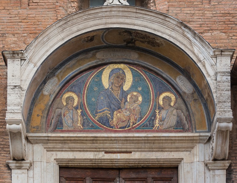 Mosaic Madonna and Child pediment side entrance Church Santa Maria in Aracoeli, Rome, Italy