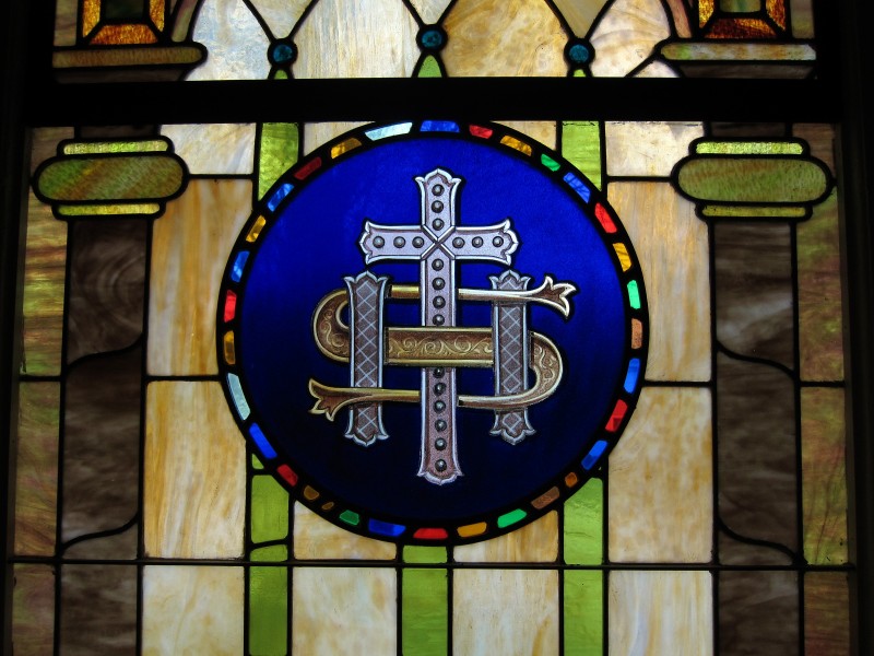 Our Lady of Consolation (Carey, Ohio) - St. Edward Church, stained glass, Holy Monogram