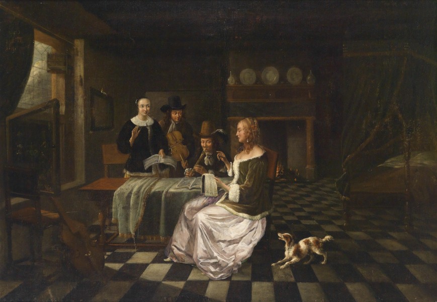 Pieter de Hooch (circle) Bürgerliches Interieur mit vier Personen