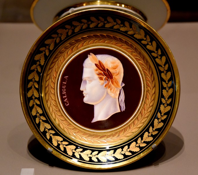 Plate, c. 1810 CE. It depicts Roman emperor Caligula. From France. By Darte-Freres. Porcelain painted in enamels and gilded. The Victoria and Albert Museum, London