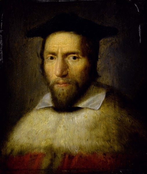 Portrait of a bearded gentleman in a fur-trimmed red robe with a white collar