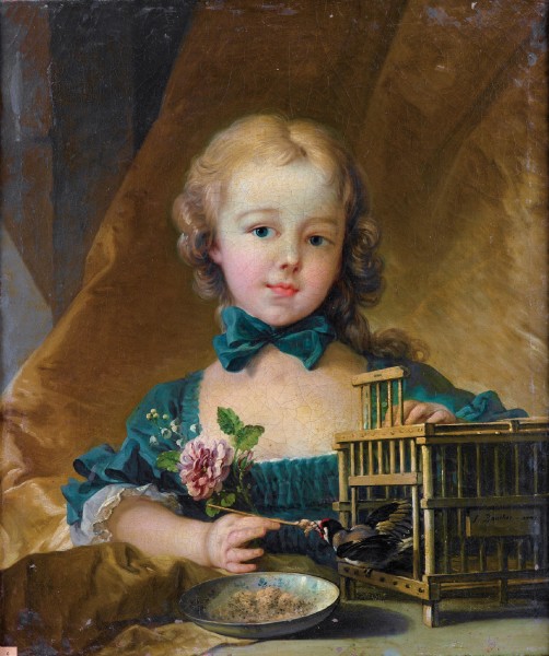 Portrait of Alexandrine Le Normant d'Étiolles (daughter of Madame de Pompadour), playing with a Goldfinch