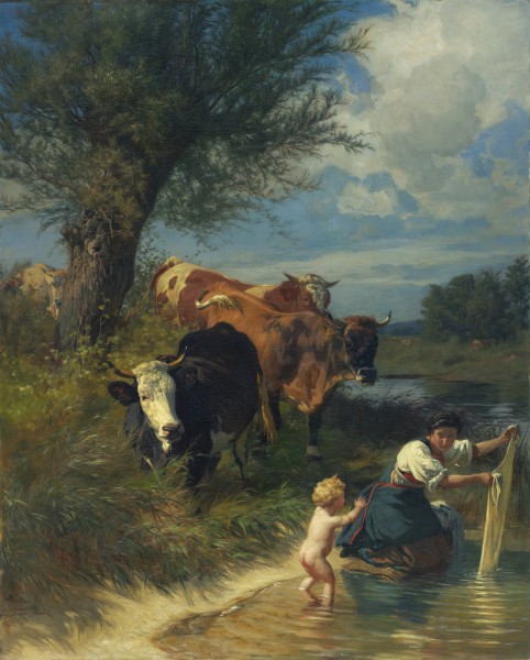 Rudolf Koller - Kühe und Wäscherin am Bach