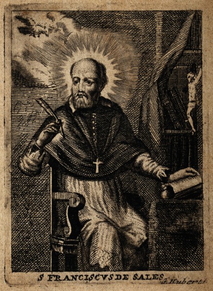 Saint Francis of Sales; seated at a table, holding a quill. Wellcome V0032002