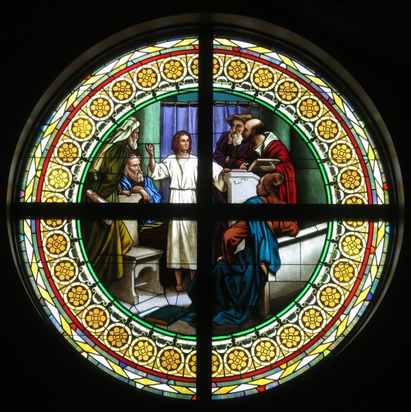 Saint Paul the Apostle Church (Westerville, Ohio) - stained glass, Jesus Christ among the doctors